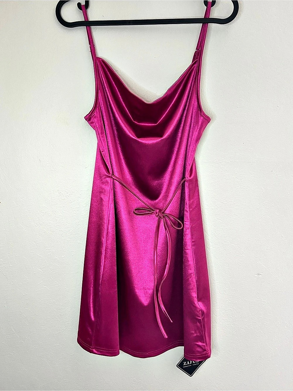 NWT ZAFUL Fuchsia Satin Cowl Neck Mini Dress Tie Waist Size 2